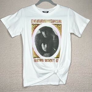 Sonny & Cher Sequin Graphic Tee Shirt-Youth M-White/Black-70s-Retro-Knotted-NEW